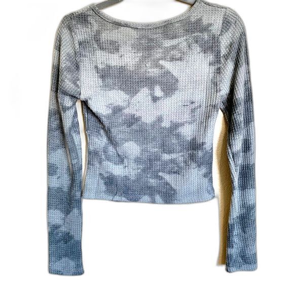 Cozie Pink Rose Grey top Tie-Dye Waffle Knit Long Sleeve Crop blouse size M boho - Picture 2 of 6